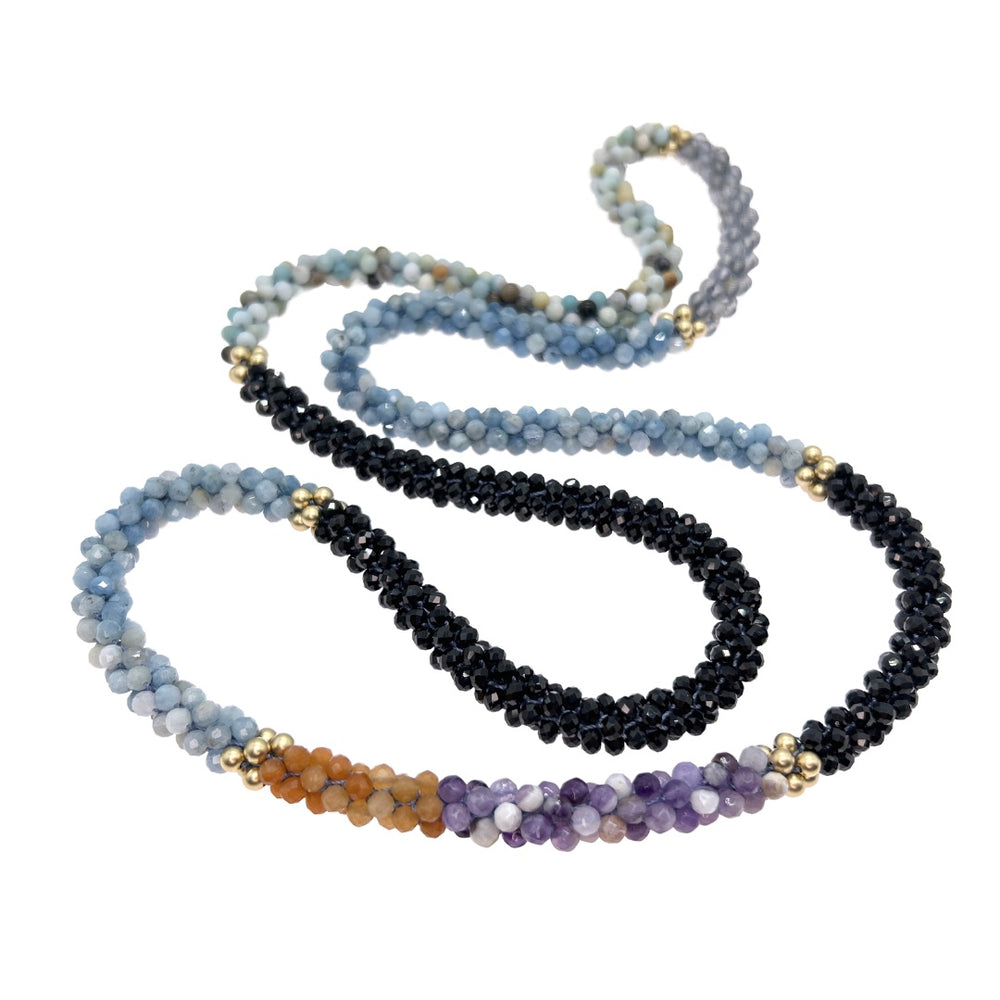 handmade color block beaded gemstone and gold necklace in black spinel, aquamarine, amazonite, labradorite, amethyst and orange aventurine