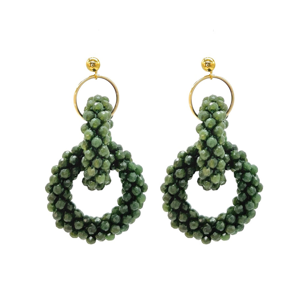 beaded gemstone earrings with double jade rings and ball post
