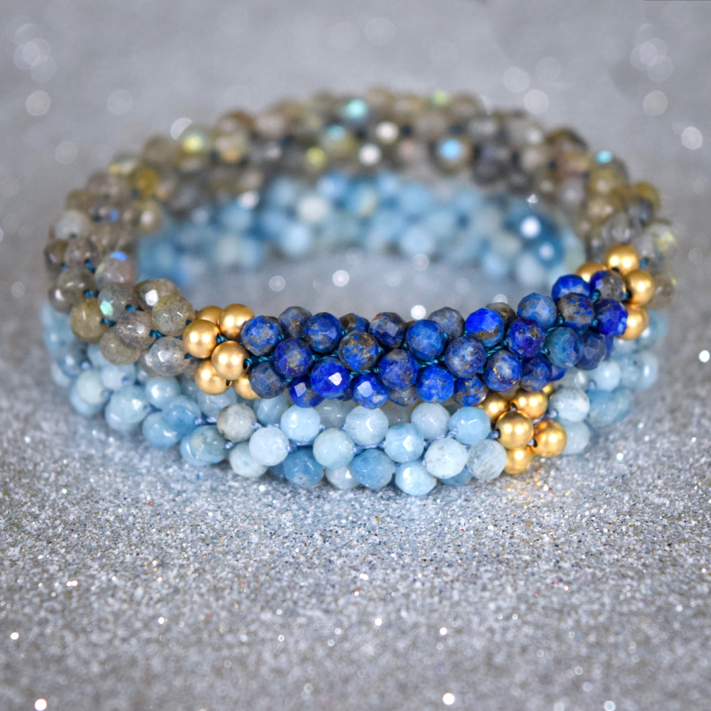 aquamarine and gold beaded gemstone bracelet with labradorite, lapis and gold bracelet