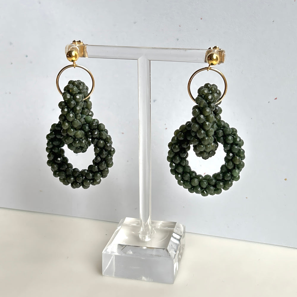 double agate ring beaded jade gemstone earrings with post on white background