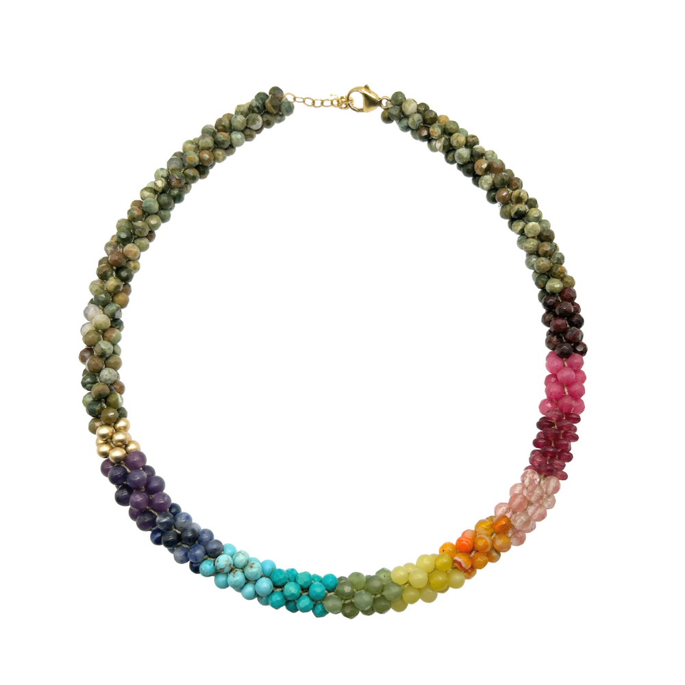 
            
                Load image into Gallery viewer, rainbow, jasper and gold handmade beaded gemstone choker necklace on white background
            
        
