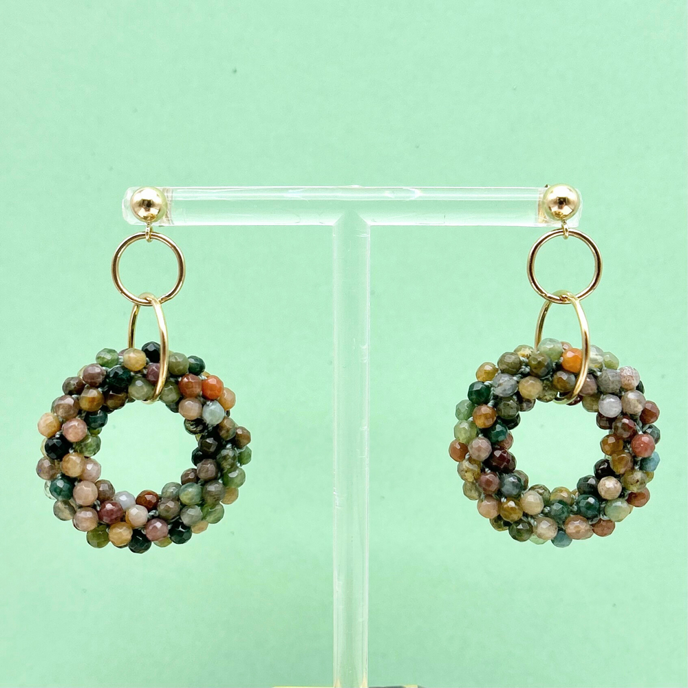 Handmade beaded gemstone earrings with multicolor agate rings and gold ball post