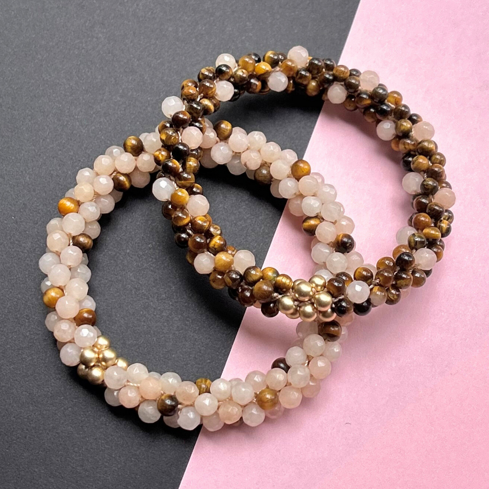 handmade beaded gemstone bracelets in brown and peach polka dots with gold