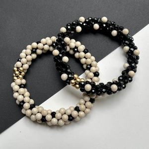 handmade beaded gemstone polka dot bracelets black and ivory with gold