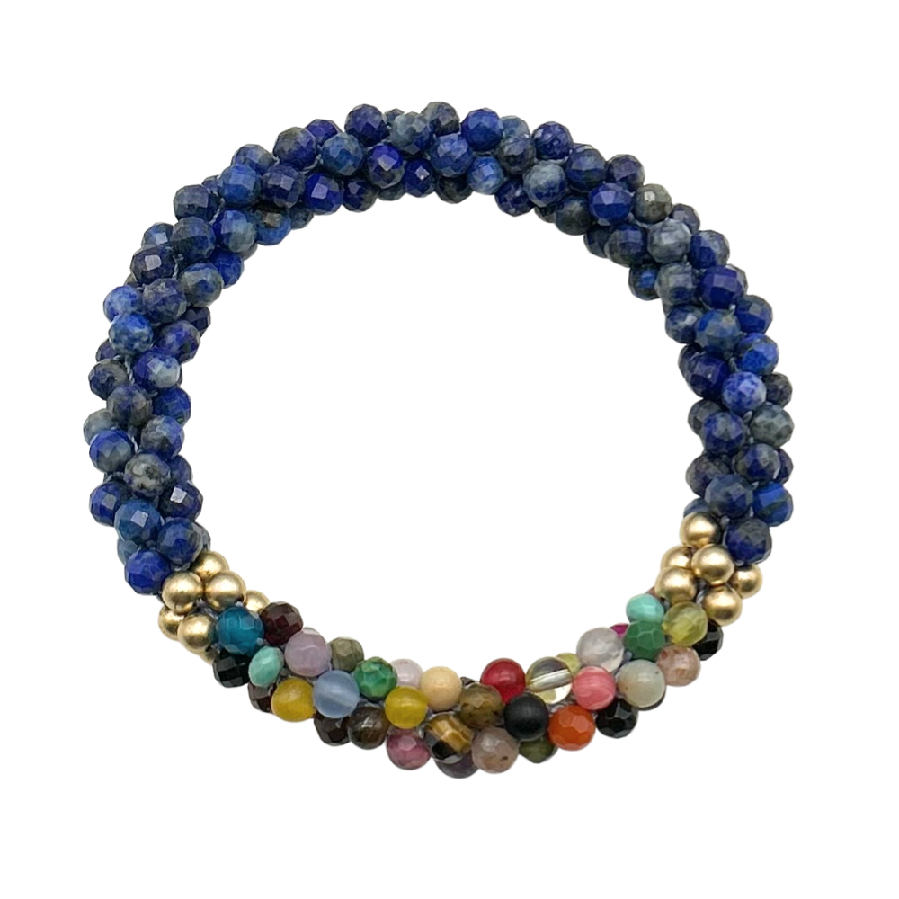 handmade beaded gemstone bracelet in lapis with a multicolor accent on a white background