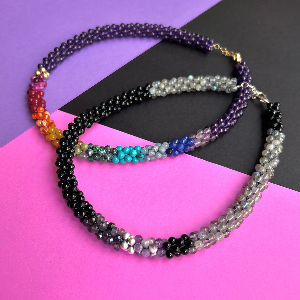 
            
                Load image into Gallery viewer, rainbow, amethyst and gold handmade beaded gemstone choker with another necklace
            
        