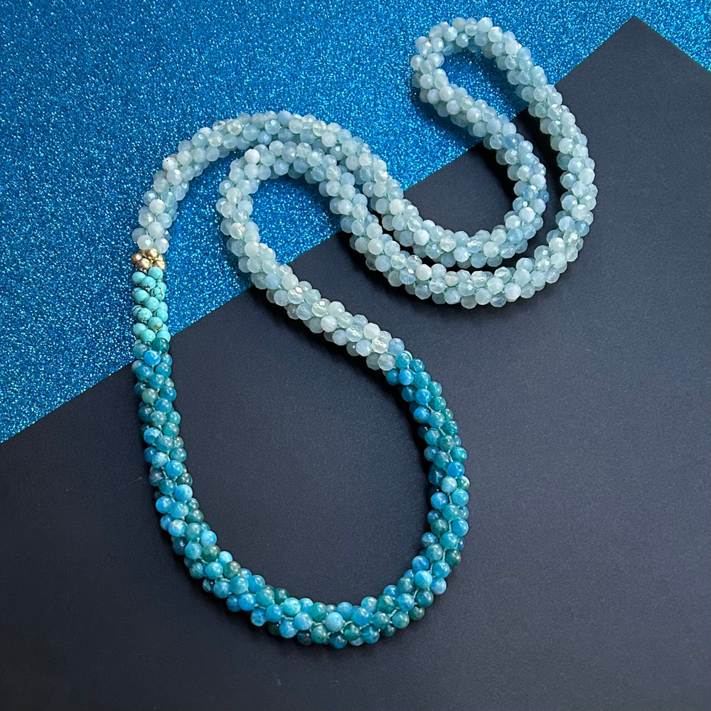 handmade beaded gemstone necklace in shades of aqua: aquamarine, apatite, turquoise and gold