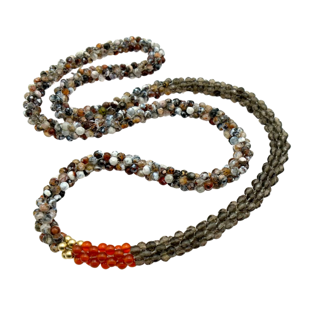 handmade beaded gemstone necklace in brown agate, smoky quartz, orange carnelian and gold