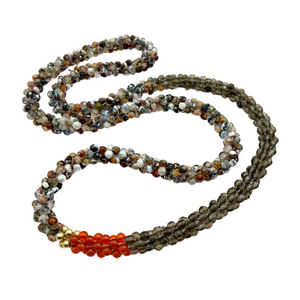 handmade beaded gemstone necklace in brown agate, smoky quartz, orange carnelian and gold