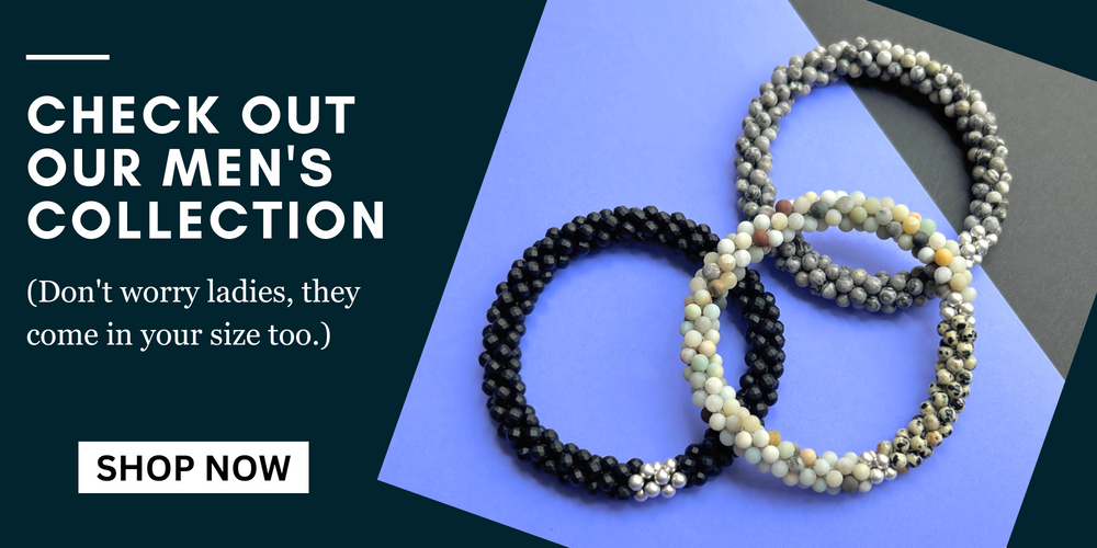 three handmade beaded gemstone bracelets for men in black/silver, grey/silver and neutral/silver