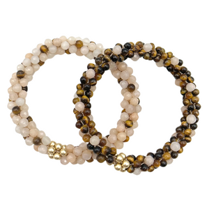 handmade beaded gemstone bracelets in brown and peach polka dots with gold