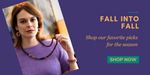 Woman holding a beaded necklace with promotional text for fall shopping on a purple background