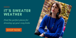 Promotional banner with a woman in a blue sweater, text 'It's Sweater Weather' and 'Shop Now' button on a teal background.