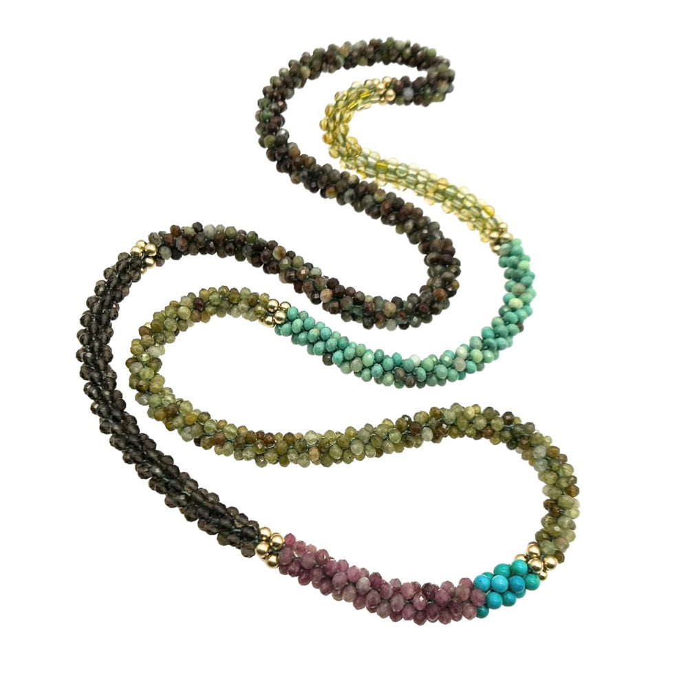 
            
                Load image into Gallery viewer, green garnet, chrysoprase, smoky quartz and gold beaded gemstone necklace
            
        