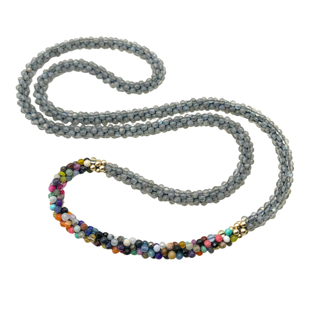 handmade beaded gemstone necklace in grey with multicolor accent on white background