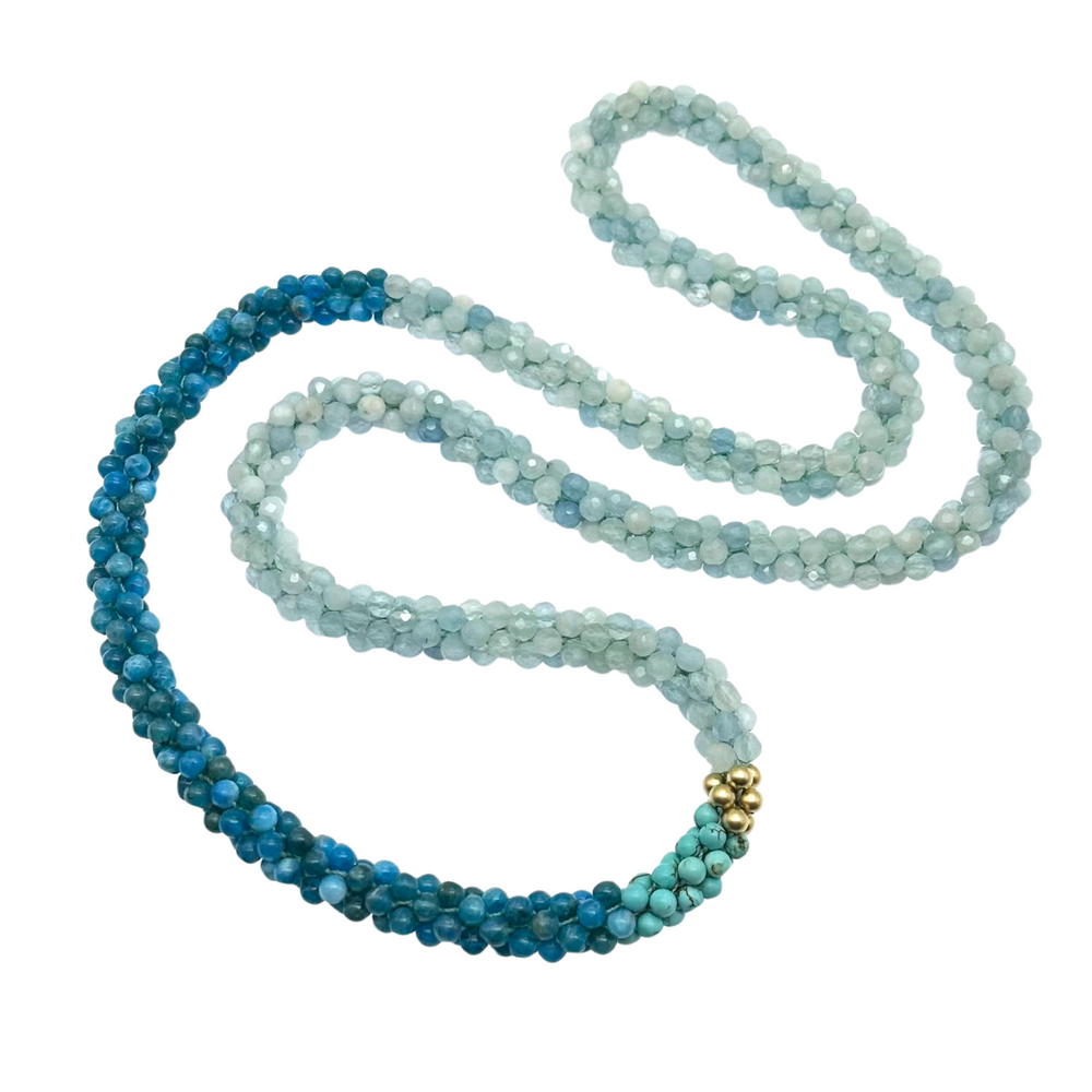 handmade beaded gemstone necklace in aquamarine, apatite and turquoise with gold accent