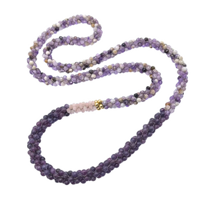 handmade beaded gemstone necklace in purple amethyst and lepidolite, rose quartz and gold accent