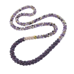 handmade beaded gemstone necklace in purple amethyst and lepidolite, rose quartz and gold accent