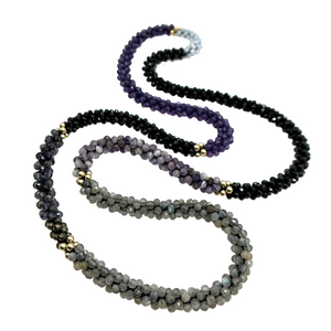 black spinel, amethyst, labradorite and gold beaded gemstone necklace