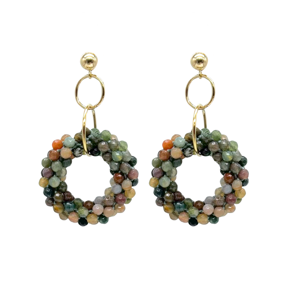 handmade beaded gemstone earrings with clear white topaz rings, interlocking gold rings and gold ball posts