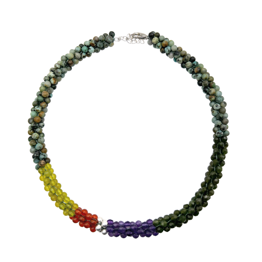 green, purple and silver color block handmade beaded gemstone choker on white background
