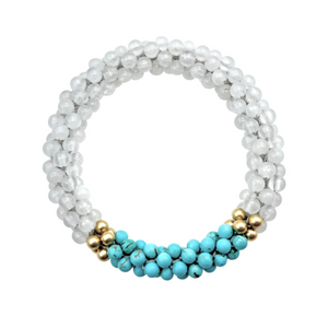 white jade, turquoise and gold beaded gemstone bracelet on white background