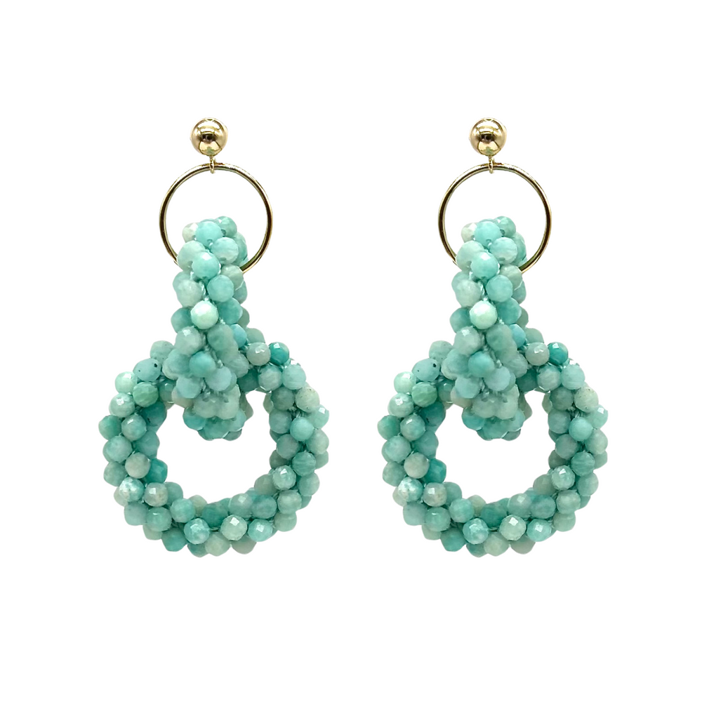 handmade beaded gemstone earrings with double aquamarine rings and gold accents