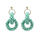 handmade beaded gemstone earrings with double aquamarine rings and gold accents