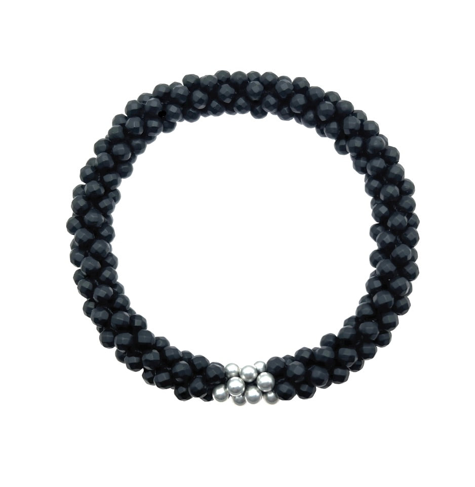faceted matte black onyx and sterling silver beaded gemstone bracelet 