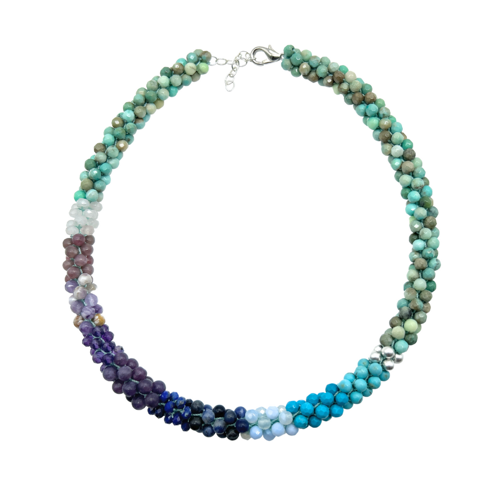 
            
                Load image into Gallery viewer, blue ombre, moss opal and silver handmade beaded gemstone choker on white background
            
        