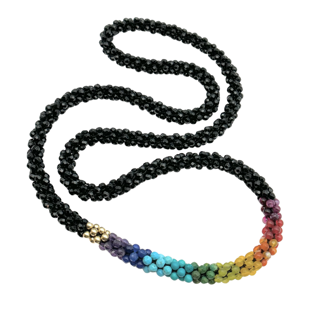 handmade beaded gemstone necklace in rainbow, black onyx and gold