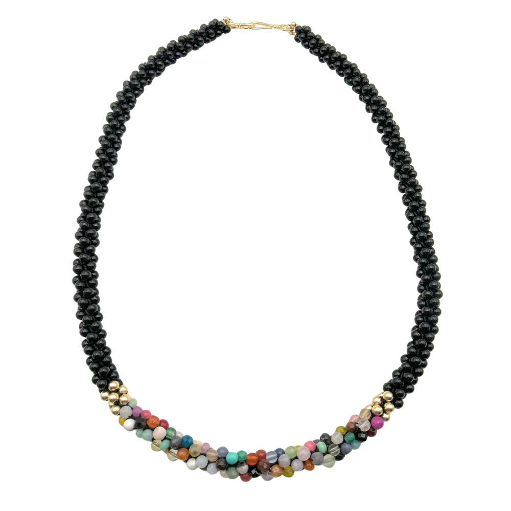 handmade beaded gemstone necklace in black and multicolored beads with clasp on white background