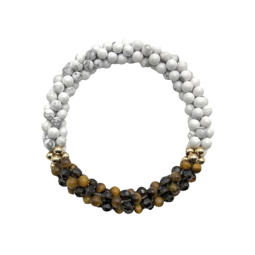 pride collection white, brown and gold handmade beaded gemstone bracelet