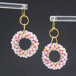 handmade beaded gemstone earrings with small morganite rings, interlocking gold rings and gold earwires