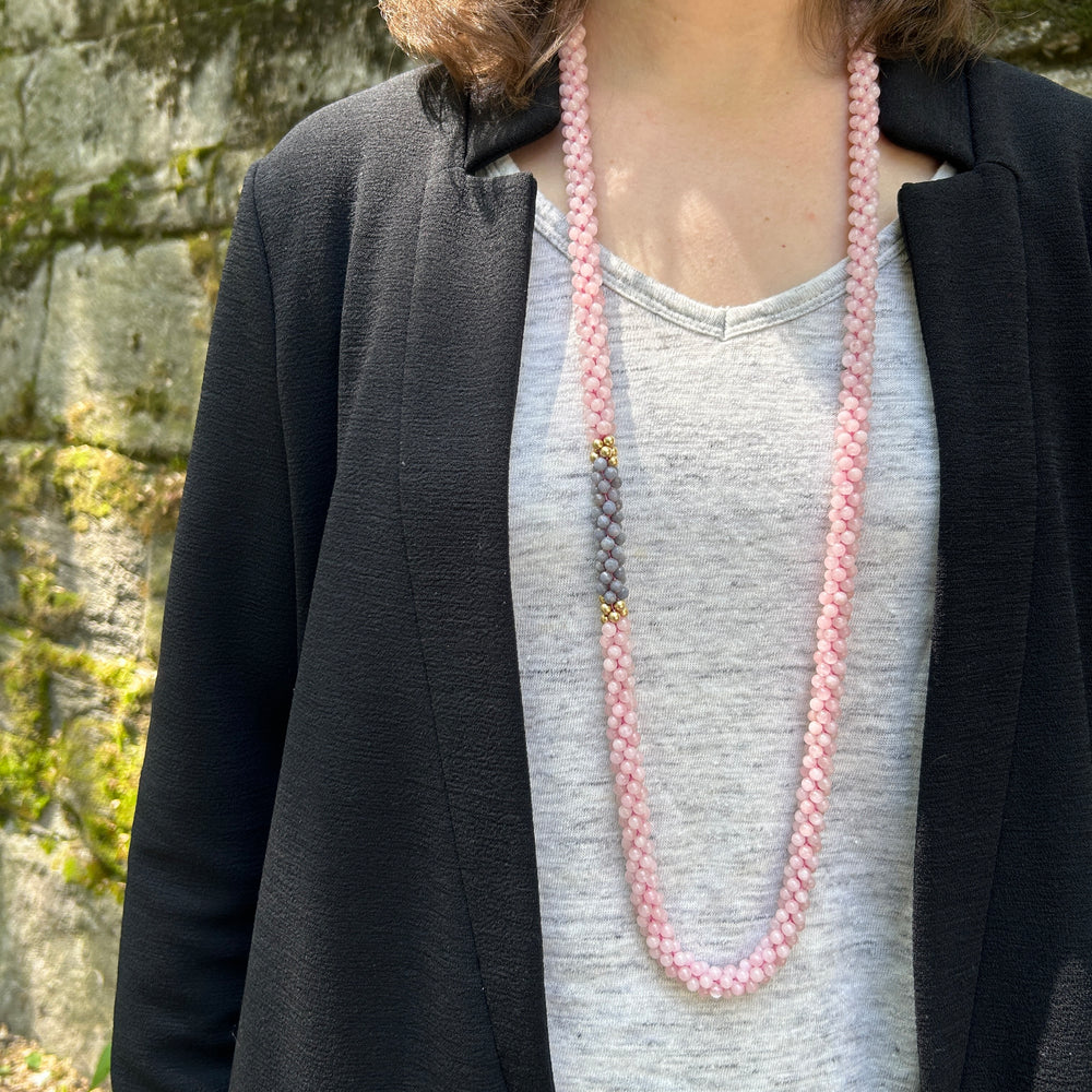 rose quartz, grey agate and gold beaded gemstone necklace on model worn long
