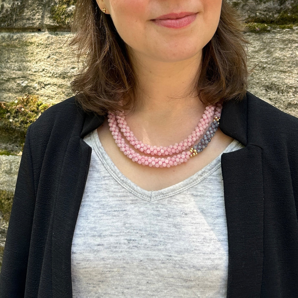 rose quartz, grey agate and gold beaded gemstone necklace on model worn doubled