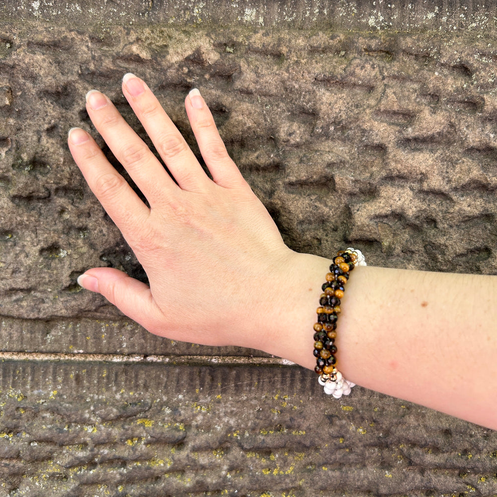 pride collection beaded gemstone bracelet in brown, white and gold on wrist