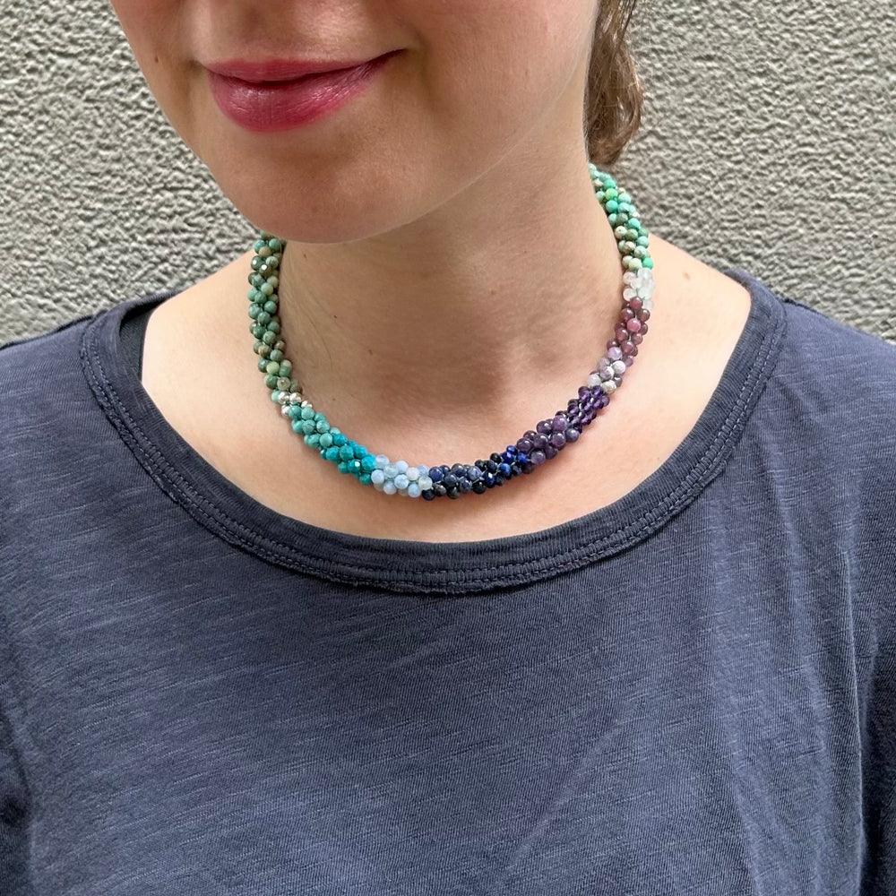 
            
                Load image into Gallery viewer, blue ombre, moss opal and silver handmade beaded gemstone choker on model
            
        