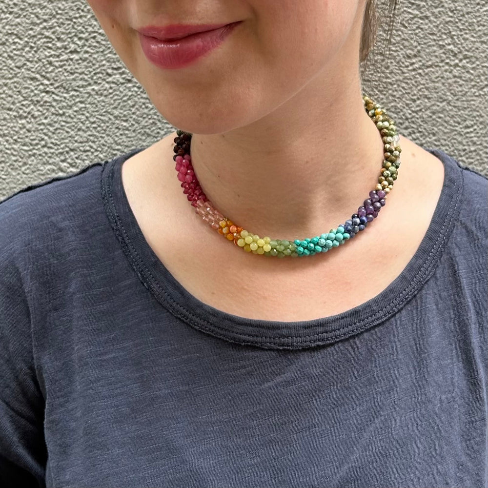 rainbow, jasper and gold handmade beaded gemstone choker necklace on model