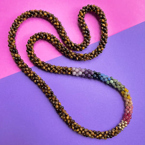 Beaded Gemstone Necklace: Rainbow, Tiger Eye and Gold