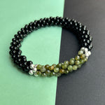 handmade beaded gemstone bracelet in black onyx, green jade and silver