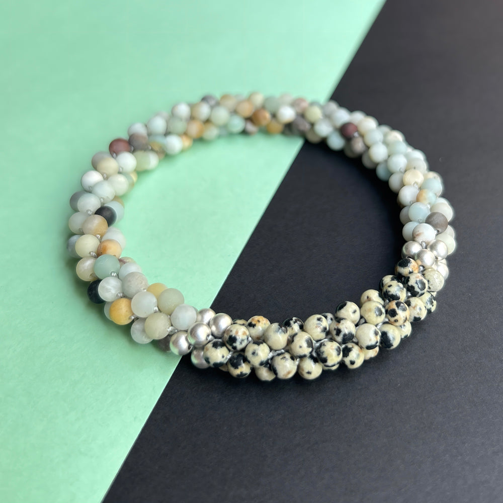 handmade beaded gemstone bracelet in amazonite, dalmatian jasper and silver