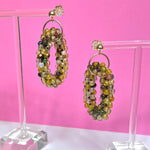 beaded gemstone earrings with large multicolor agate rings and gold ball post