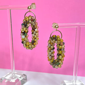 
            
                Load image into Gallery viewer, beaded gemstone earrings with large multicolor agate rings and gold ball post
            
        