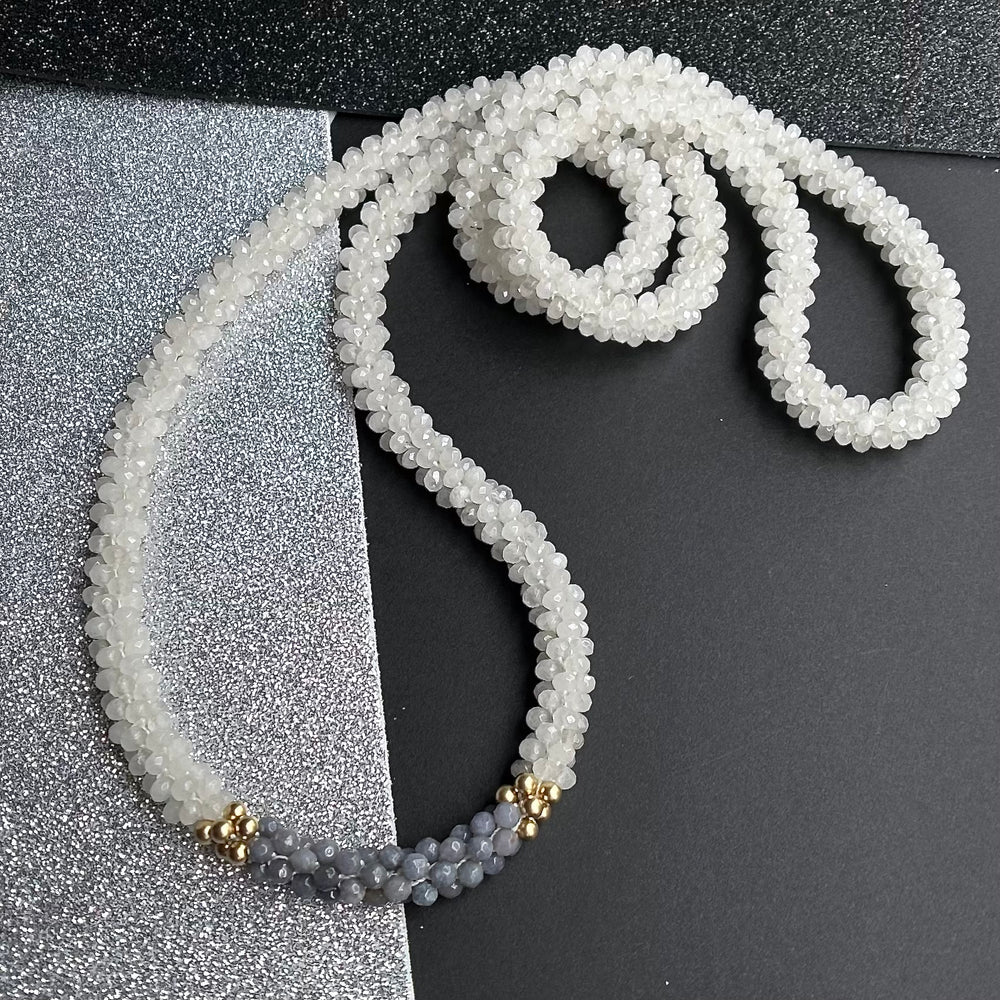 white jade, grey agate and gold beaded gemstone necklace