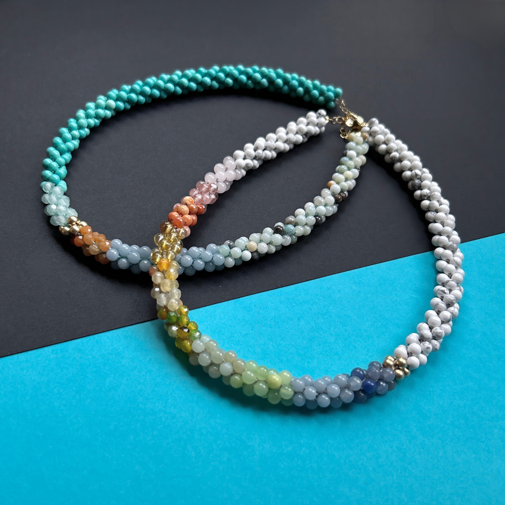 
            
                Load image into Gallery viewer, rainbow, howlite and gold handmade beaded gemstone choker with another necklace
            
        