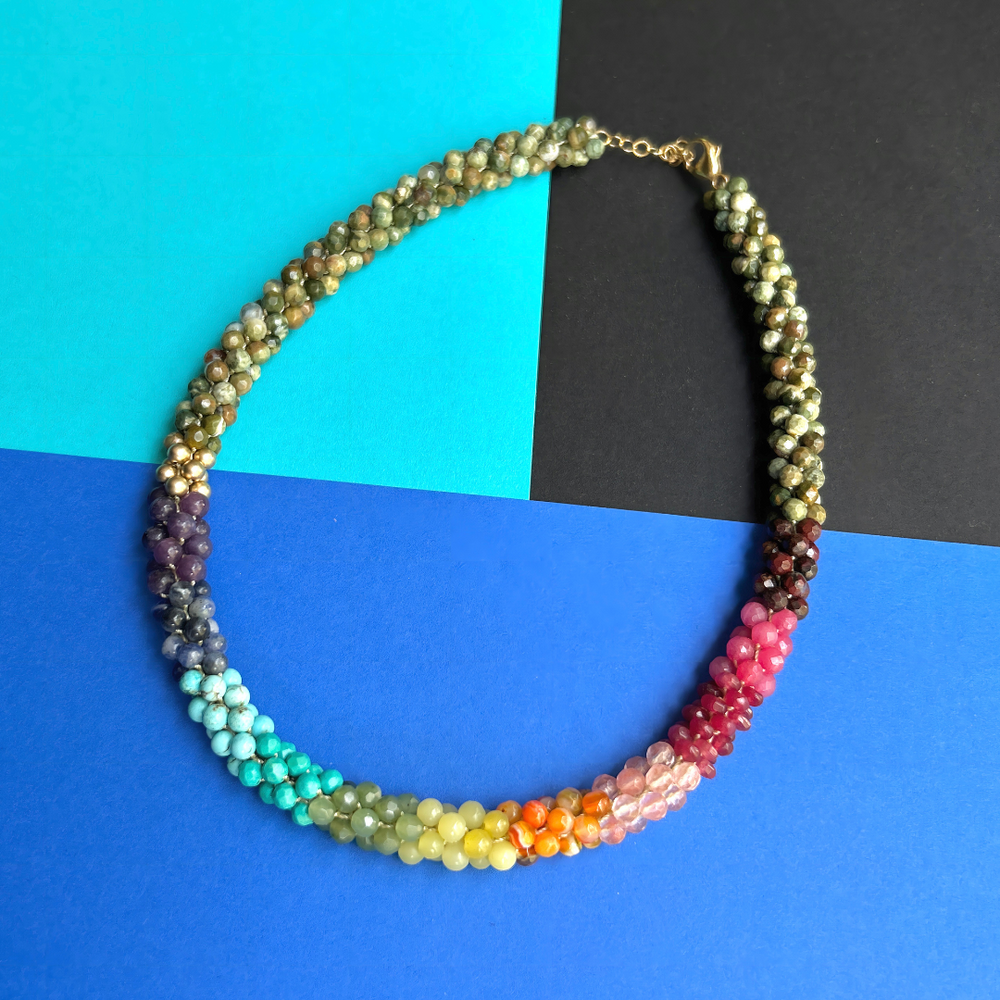 
            
                Load image into Gallery viewer, rainbow, jasper and gold handmade beaded gemstone choker necklace
            
        