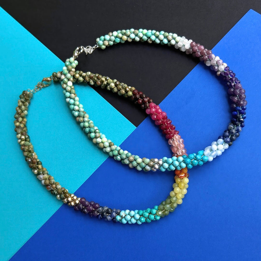 
            
                Load image into Gallery viewer, blue ombre, moss opal and silver handmade beaded gemstone choker with another necklace
            
        