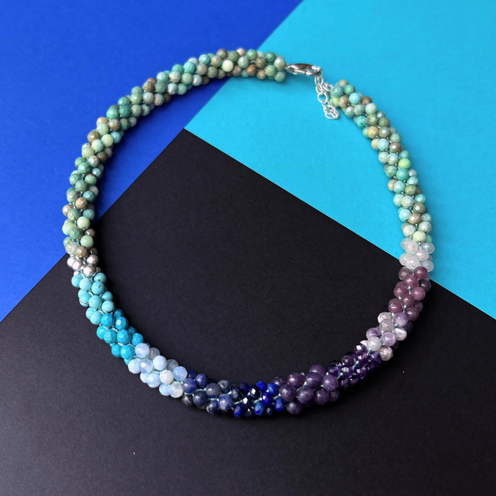 
            
                Load image into Gallery viewer, blue ombre, moss opal and silver handmade beaded gemstone choker
            
        
