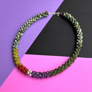
            
                Load image into Gallery viewer, green, purple and silver color block handmade beaded gemstone choker
            
        